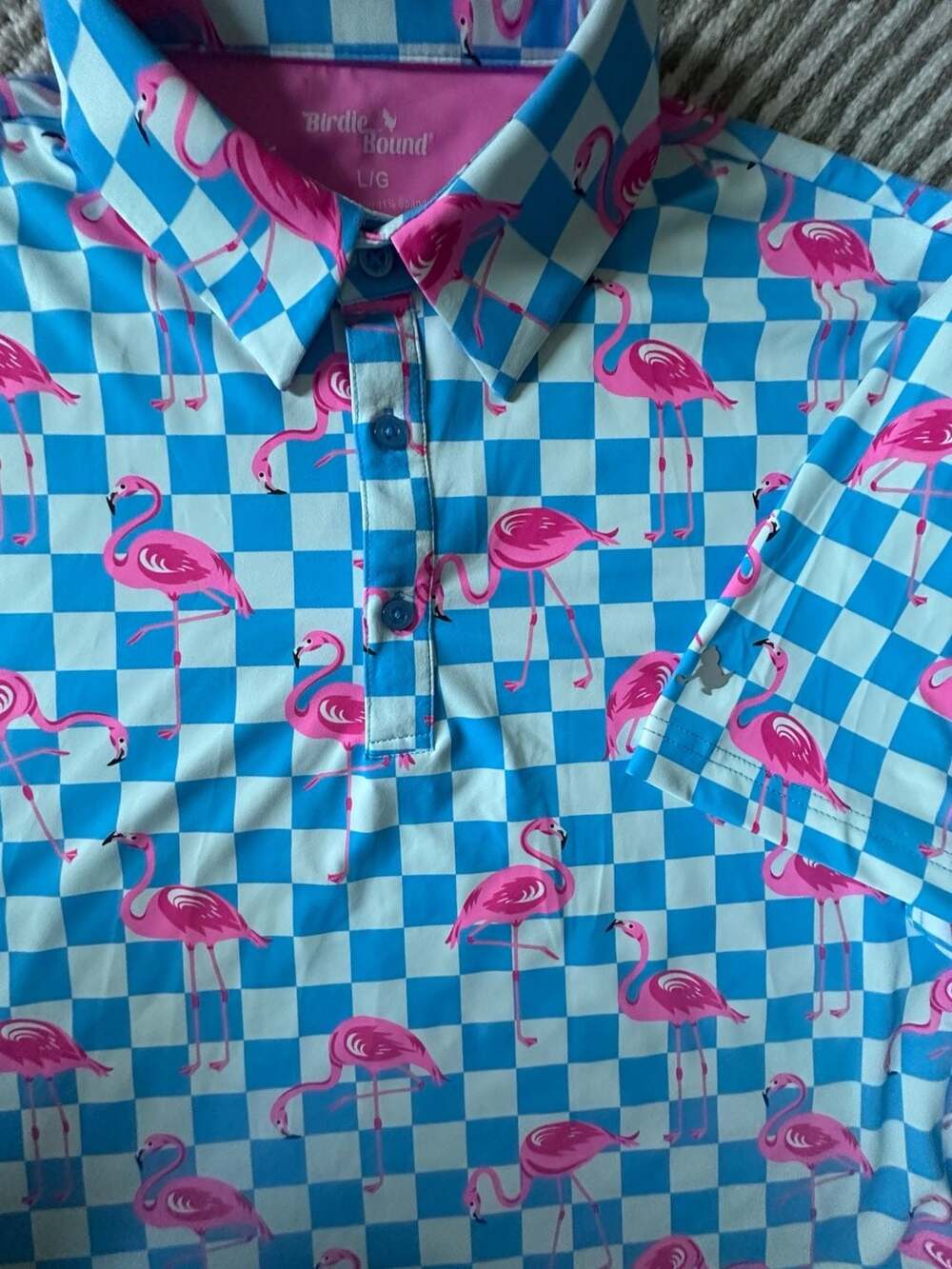 Birdie Bound Flamingo Golf Polo Size L/G Blue Pink Checkered